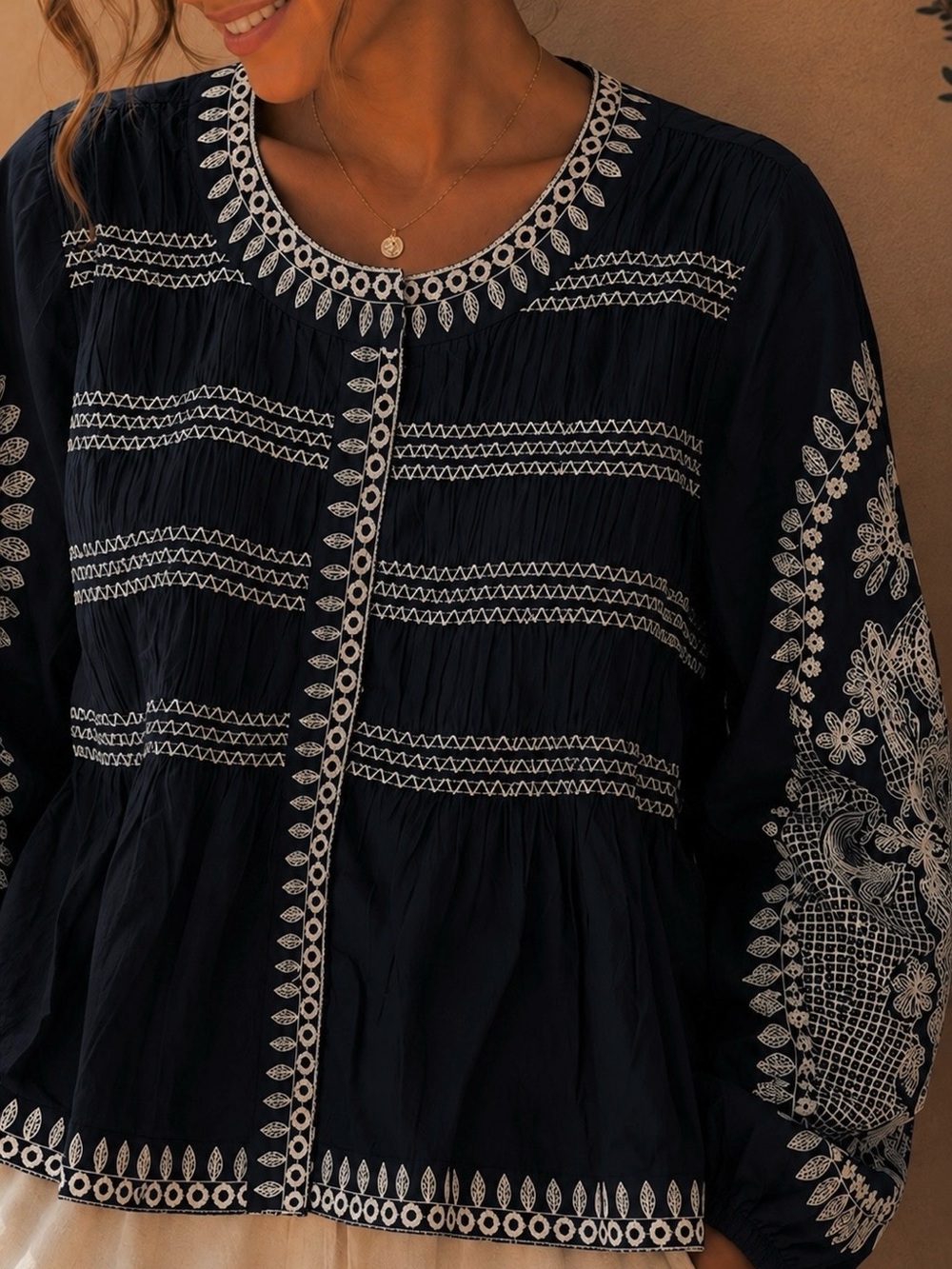 7 For All Mankind Small Navy Blue Embroidered Peasant Jacket Snap-Front Top - Picture 4 of 13
